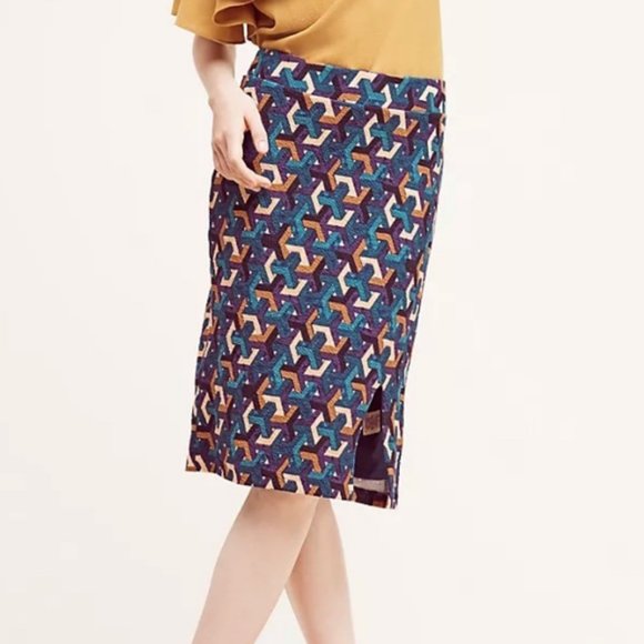 Anthropologie Maeve Midi Stretch Front Slit Geometric Pencil Skirt